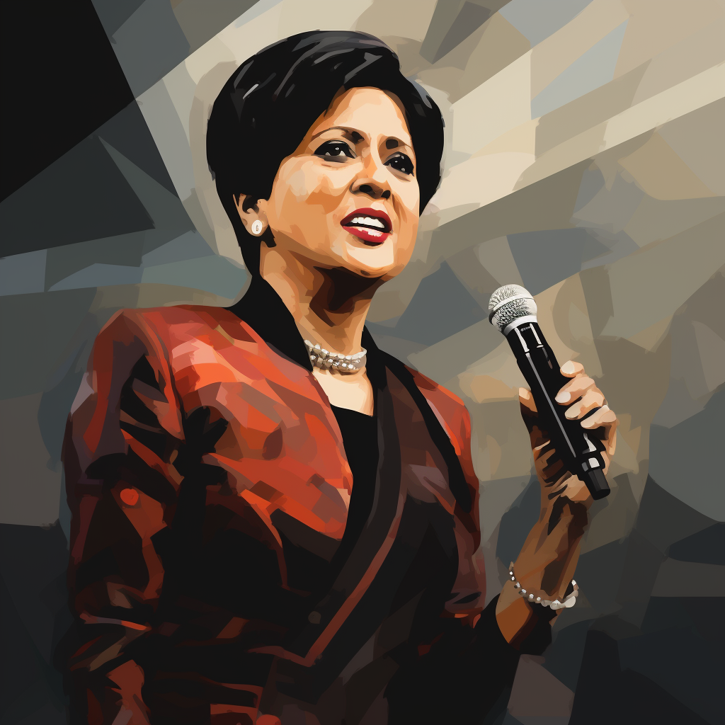 Indra Nooyi former ceo delivering a speech to a diverse group of employees